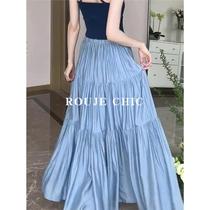 法国Rouje Chic法式高腰设计感蓝色半身裙女显瘦小个子遮胯a字裙