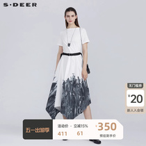 sdeer圣迪奥女装优雅圆领收腰撞色印花短袖连衣裙S21281225