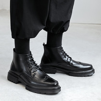 纯黑色马丁靴男装中帮短靴薄款单里布洛克高帮皮鞋时尚巴洛克靴子