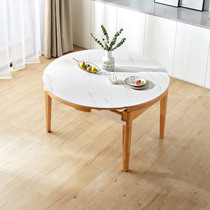 林氏家居现代简约大理石纹岩板餐桌可变圆桌伸缩原木实木脚LS068
