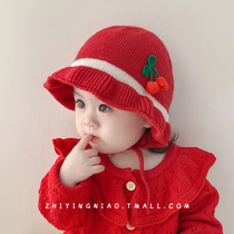 婴儿帽子秋冬款女孩可爱超萌红色新年周岁帽子秋冬季女宝宝护耳帽