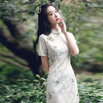 旗袍女2021年新款微胖 收腰显瘦短袖中国风复古改良长款连衣裙潮