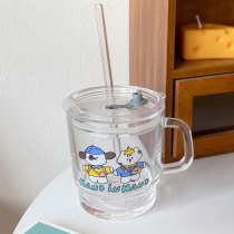 吸管玻璃杯家用儿童水杯带盖饮料牛奶杯子女夏季可爱喝水茶杯带把