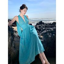 SOLENELARA绝美显白蓝色裙子挂脖露背连衣裙三亚法式沙滩裙气质海