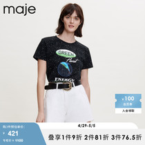 Maje Outlet春秋女装时尚休闲印花黑色修身短袖T恤上衣MFPTS00572
