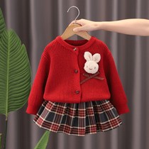 女童学院风套装秋冬款儿童红色针织开衫格子百褶裙宝宝毛衣两件套