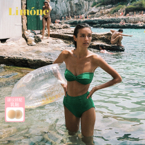 Limone2024新款褶皱纽结抹胸款高腰分体泳衣女性感显瘦沙滩比基尼