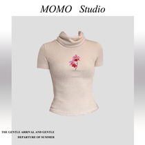 MOMO墨默 新中式国风蝴蝶兰刺绣高领双色短袖T恤修身显瘦针织上衣