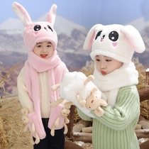 会动的兔耳朵帽子儿童围巾一体秋冬季女童可爱男童2022宝宝保暖帽