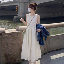 夏季质感高级感白色无袖背带连衣裙子女法式浪漫海边度假小白长裙