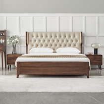 北欧黑胡桃木床全实木床现代简约1.8米1.5高箱储物真皮靠背双人床