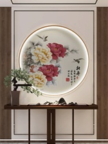 新中式牡丹花墙纸餐厅背景墙客厅壁画花开富贵玄关画圆形画芯壁纸