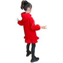 女童加绒卫衣一体绒秋冬加厚中长款2021新款女孩红色中国风过年服