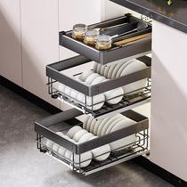 碗碟拉篮厨房橱柜小柜子实心不锈钢抽屉式双三层收纳窄柜调味拉蓝