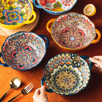 波西米亚双耳碗汤碗家用陶瓷碗个人泡面碗日式碗餐具面条碗大汤盆