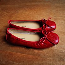 方头芭蕾舞鞋平底蝴蝶结舒适休闲浅口单鞋复古小红鞋酒红色奶奶鞋