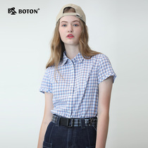 波顿2024夏季短袖红蓝白色格子衬衫女士美式休闲纯棉高端大码衬衣