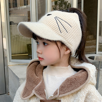 儿童针织帽子女孩棒球帽可爱猫咪扎马尾秋冬季保暖宝宝空顶毛线帽