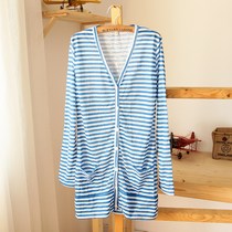 外贸女装 夏季新款韩版小衫女上衣休闲长款V领条纹长袖开衫1