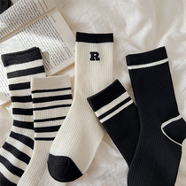 5双装袜日系黑白色堆堆袜女士长筒棉袜R标秋冬季袜子女士纯棉中筒