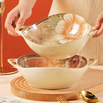 茉莉8英寸花双耳汤碗沙拉碗水果碗创意釉下彩陶瓷家用日式大汤碗