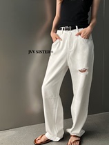 JVV 51888时尚个性纯色破洞磨损直筒休闲裤(配腰带)