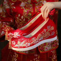 秀禾中式婚鞋红色新娘流苏绣花鞋内增高古装古风汉服鞋高跟女单鞋