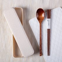 便携式筷子勺子套装学生餐具收纳盒三件套家用木质长柄汤勺餐具盒