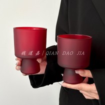 复古红甜筒杯磨砂质感玻璃杯氛围感咖啡杯酸奶杯酒杯果汁杯子摆件