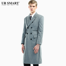 URSMART新品长款双排扣羊毛呢男士大衣时尚都市人气灰色男大衣