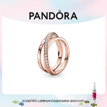 Pandora潘多拉密镶交错三环戒指玫瑰金色女 轻奢小众设计