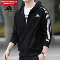Adidas阿迪达斯官网外套男新款黑色纯棉运动服针织连帽夹克IC0433