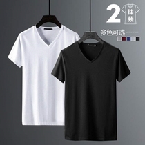 莫代尔冰丝t恤男士短袖夏季纯色体恤衫2021新款白色V领半袖潮流