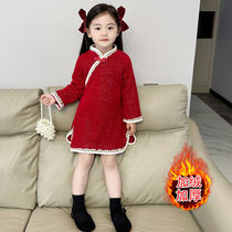 女童旗袍唐装冬装宝宝拜年服儿童加绒加厚连衣裙新年红色裙子冬季
