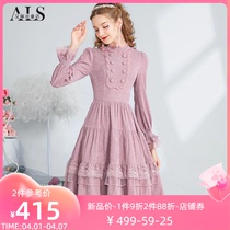 艾丽丝复古宫廷风紫色连衣裙2023冬季新款修身显瘦气质中长款裙子