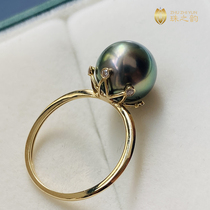 18k大溪地黑珍珠戒指天然海水珍珠金镶钻石正圆强光孔雀绿时尚