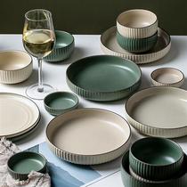 复古雅纹碗碟套装家用北欧陶瓷碗盘碗筷组合轻奢餐具套装p 复古北