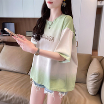 渐变色短袖t恤女夏季韩版宽松大码女装设计感小众小个子半袖上衣