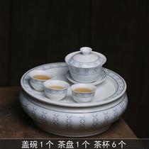 潮汕功夫茶具整套白色 80年代老枫溪麦穗花工夫陶瓷茶具高温釉下