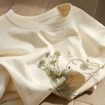 日系复古兔子印花纯棉短袖t恤女夏季设计感小众宽松学生半袖上衣