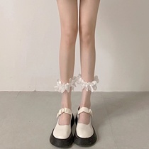 Wuuuus 玻璃丝水晶袜女中筒白色蕾丝袜子透明中筒袜ins洛丽塔短袜