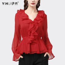 雪纺衫女装喇叭长袖荷叶边v领上衣红色收腰显瘦洋气春秋新款小衫