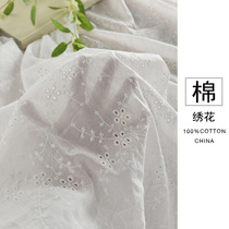 超薄纯棉白色花束刺绣镂空面料汉服连衣裙夏季复古花卉朦胧透布料