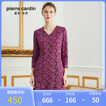 皮尔卡丹女装春季新款紫红色V领镶钻长袖连衣裙P01DL33D0