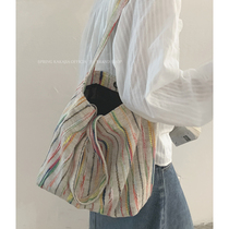 彩虹帆布包包女2023新款潮韩国条纹托特包学生上课大容量购物袋包