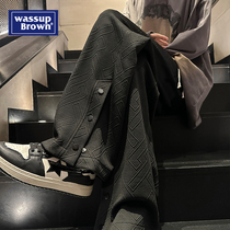 WASSUP排扣开叉卫裤男士秋冬美式复古运动高街垂感休闲长裤子男款