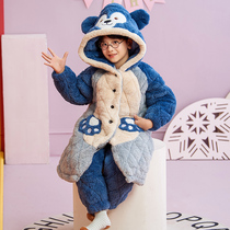 男童睡袍冬季三层夹棉加厚家居服8-12岁中大童珊瑚绒保暖儿童睡衣
