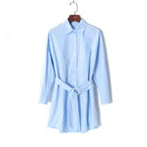 2023春季女装时尚韩版纯色气质翻领单排扣长袖高腰系带显瘦衬衫裙