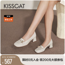 接吻猫[茉莉乐福鞋]2023秋季新款乐福鞋舒适粗跟鞋铆钉方头单鞋女
