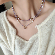 新中式天然石项链小众轻奢紫色玛瑙串珠锁骨链女百搭珍珠夏季新款